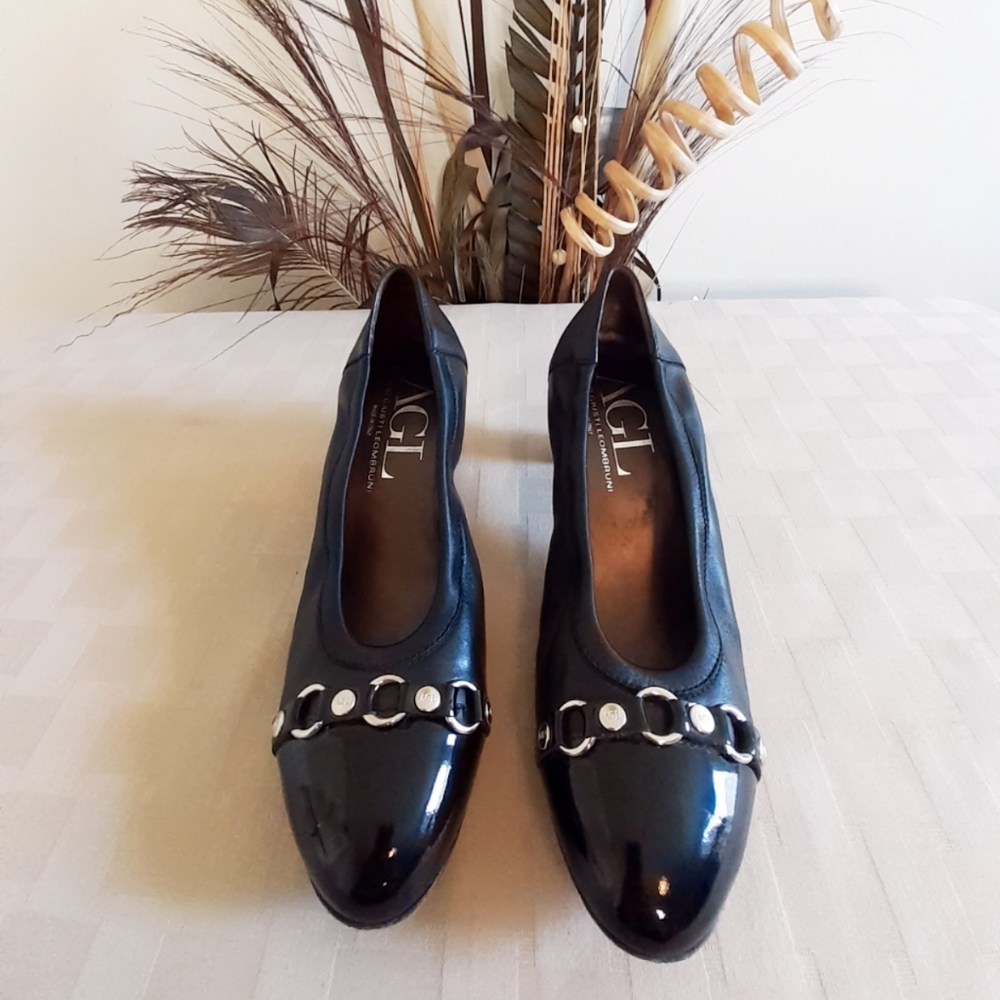 AGL Black Leather Cap Toe Block Heel Pumps - Picture 2 of 11